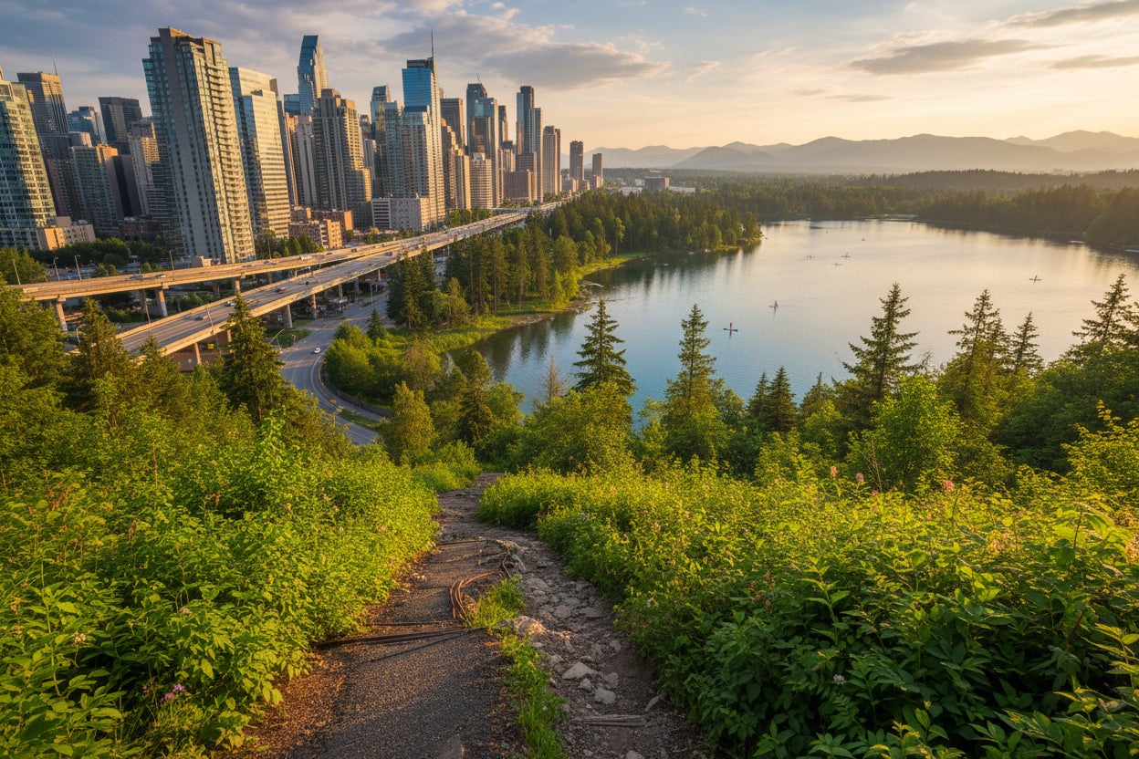 Rugged trail, Lake, Concrete Jungle